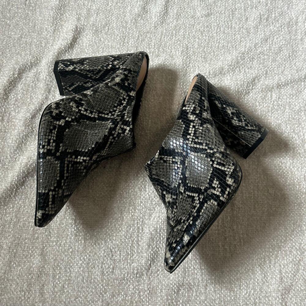 grey and black snake print vegan leather pointed high heel mules